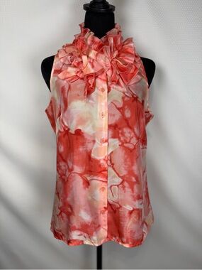 Kenar 100% Silk Ruffle Neck Blouse Sz Medium Coral Pink Sleeveless Button Front